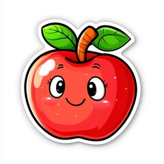 Obraz premium Cute Cartoon Apple Character with Smile and Green Leaves Design