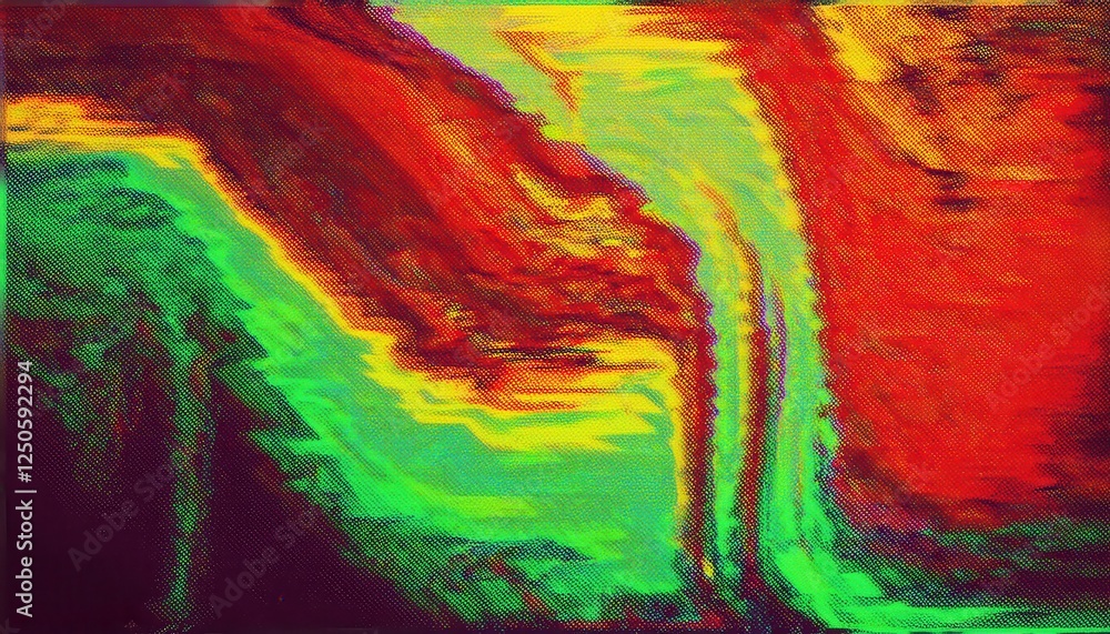 Poster abstract digital swirl pattern with vibrant red, green, yellow colors, creating a hypnotic wave like