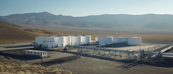 A vast landscape featuring large white storage tanks, surrounded by mountains and open terrain, emphasizing industrial activity in a remote area.