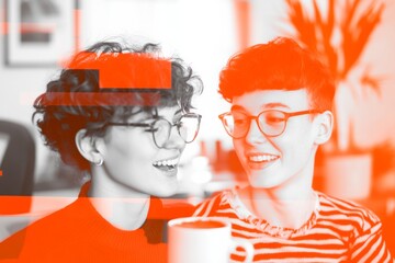 Glitch Art Office Humor Pixelated Image of Young Adult Coworkers Laughing Over Spilled Mug in Creative Workspace - Engaging Content for Modern Business Marketing