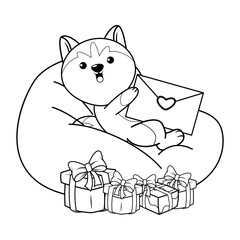 Valentine Day Coloring Page with cute husky