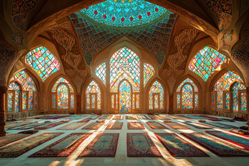 Obraz premium Grand mosque interior, stained glass windows, prayer rugs, sunlight