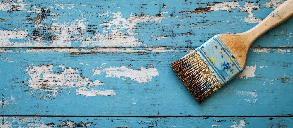 Poster vintage paint brush resting on weathered blue wooden surface with distressed texture and color varia