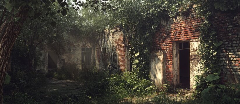 Abandoned Soviet-era factory with overgrown brick buildings showcasing the decay of industrial heritage in the Kuban region.