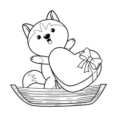 Valentine Day Coloring Page with cute husky