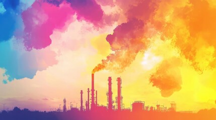 A vibrant sunset scene with colorful smoke billowing from industrial chimneys, highlighting the contrast between nature and pollution.