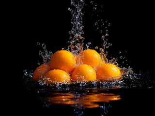 Orange Splash: Juicy oranges submerged in water, with a dynamic splash capturing the freshness and vibrancy of the fruit against a dramatic black background.