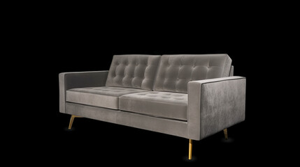 A luxurious deep teal velvet sofa with tufted backrest and brass legs