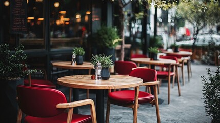 Obraz premium Modern Urban Cafe Oasis: Stylish Outdoor Seating and Architecture