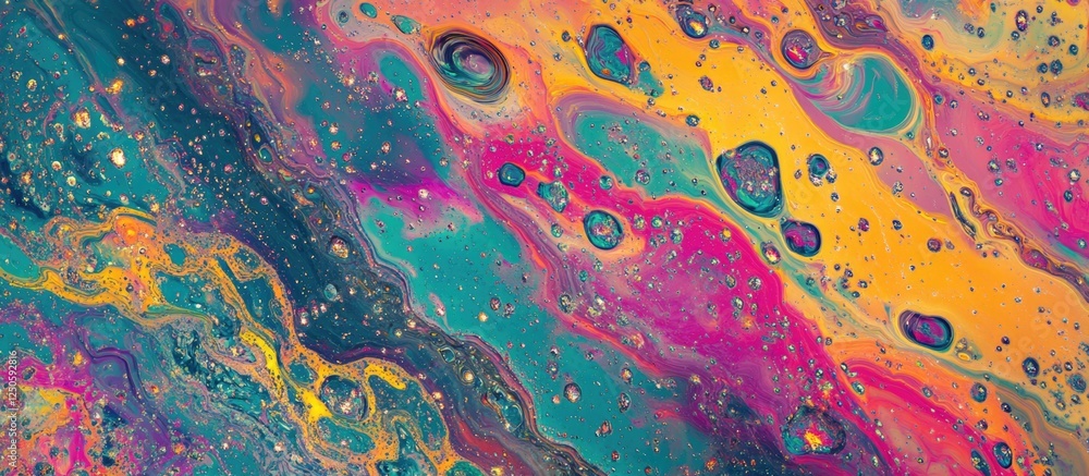 Poster colorful oil drops in water creating abstract patterns on a vibrant background showcasing fluid dyna