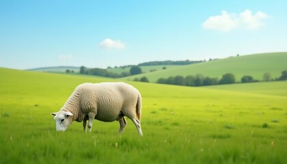 Fototapeta premium Serene Landscape: A Sheep Grazing in a Verdant Pasture
