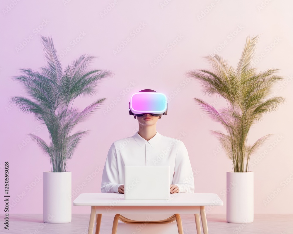 Poster Minimalist Virtual Reality Workspace Young Professional Using VR Headset at Modern Desk with Subtle Neon Lighting - Innovative Tech Content and Progressive Business Networking