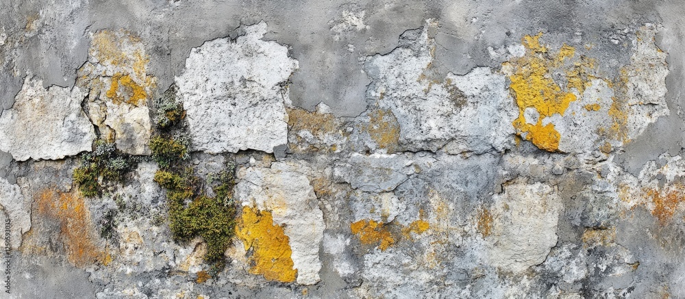 Poster weathered gray stone wall texture with natural moss and lichen patterns for background or architectu