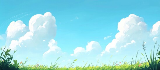 Fototapeta premium Serene summer sky with soft clouds and vibrant green grass ideal for nature-themed designs and copy space applications