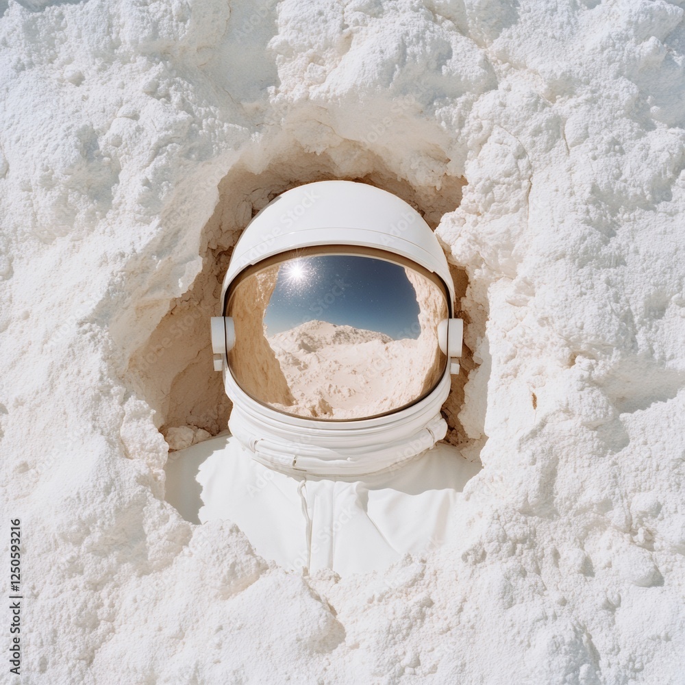 Poster futuristic spacesuit conceptual white textured suit in sandy terrain - advanced space exploration ge