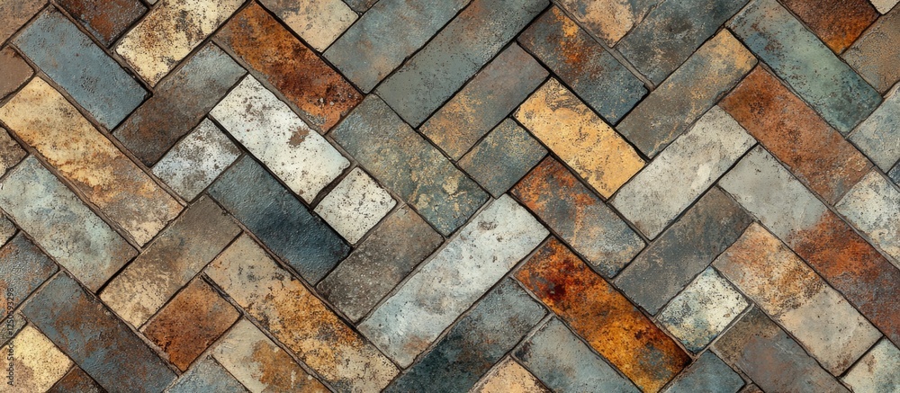 Poster textured old brick pattern with multicolored hues in a herringbone design for creative backgrounds a