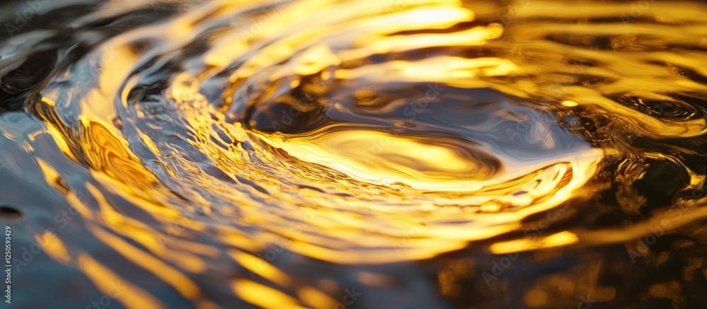 Poster rippling golden oil on water creating mesmerizing circular patterns and reflections under soft natur