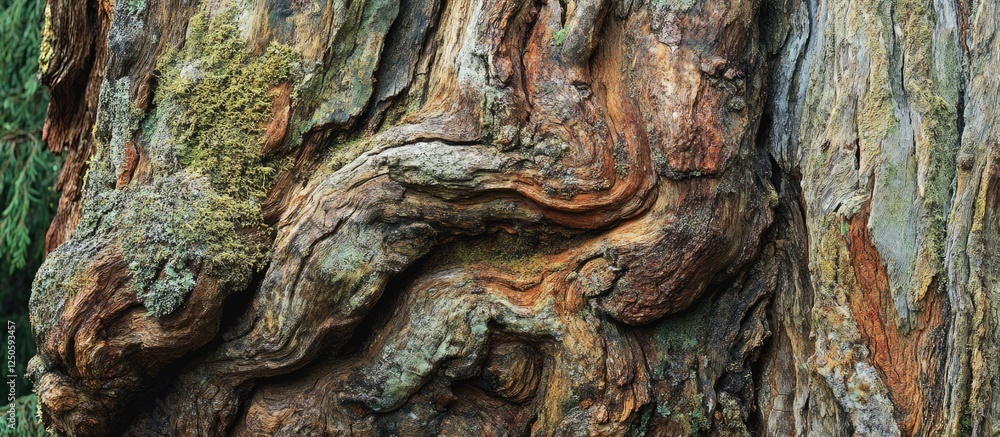 Poster textured bark of an ancient tree trunk showcasing intricate patterns and rich colors in a natural fo