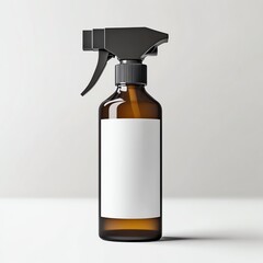 An amber spray bottle with a blank label on a clean, minimalistic background.