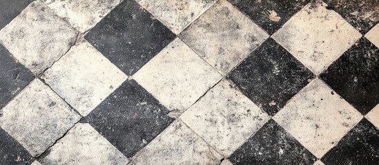 Fototapeta premium Vintage black and white cement floor tiles showcasing a worn and aged checkerboard pattern for architectural and design backgrounds.