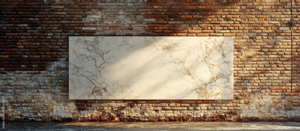 Poster old brick wall featuring a blank marble slab ideal for backgrounds or textures in design projects an