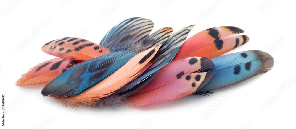 Poster vibrant collection of natural bird feathers including pigeon and goose isolated on a white backgroun