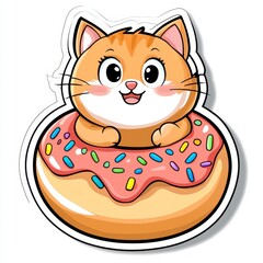Cute Cartoon Cat on a Sweet Pink Frosted Donut with Sprinkles