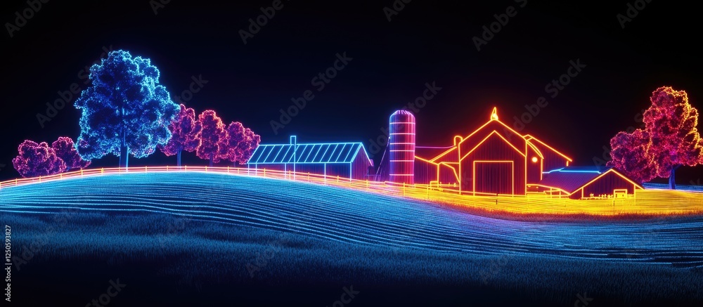 Poster neon hologram depicting a vibrant countryside farm scene with glowing trees and structures, featurin