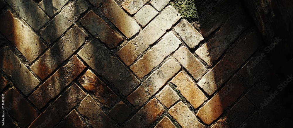 Poster herringbone patterned vintage brickwork with shadows highlighting texture and depth in warm earthy t