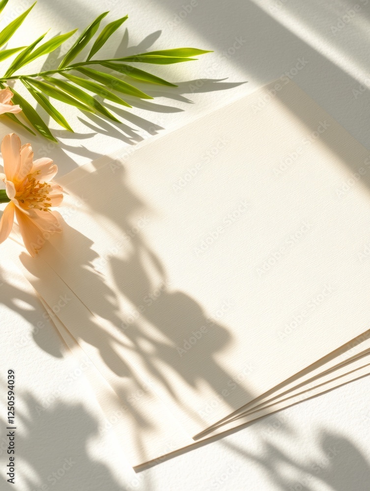 Poster minimalist branding display stacked ivory paper cards on textured surface with floral shadow play - 