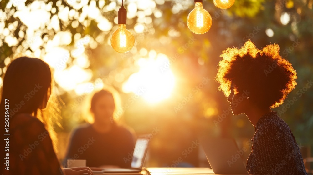 Poster sunlit co-working space diverse team with laptops and documents amidst nature-inspired workspace - e