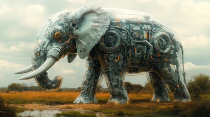 Fototapeta premium Mechanical elephant in a savanna.