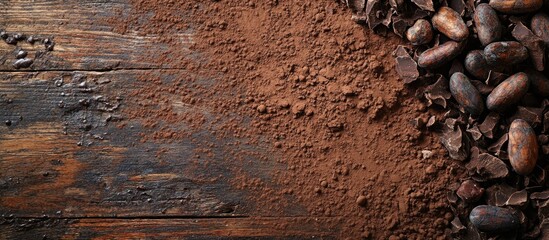 Natural cocoa powder and roasted cocoa beans arranged on rustic wooden background for culinary and baking use.