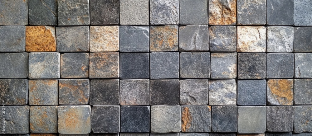 Poster rustic vintage worn patchwork stone tiles wall texture background with ample space for text in a pan