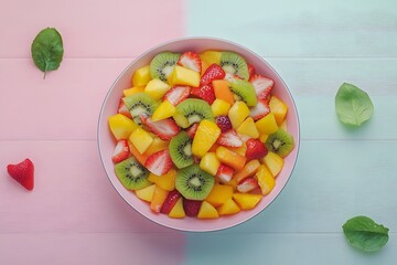 Colorful fruit salad bowl, pastel wood background, healthy summer recipe