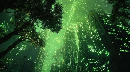 Futuristic Urban Landscape with Lush Greenery and High-Tech Aesthetic in a Node.js Code Environment