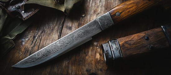 Antique bayonet knife with decorative blade and wooden handle displayed on rustic wooden surface
