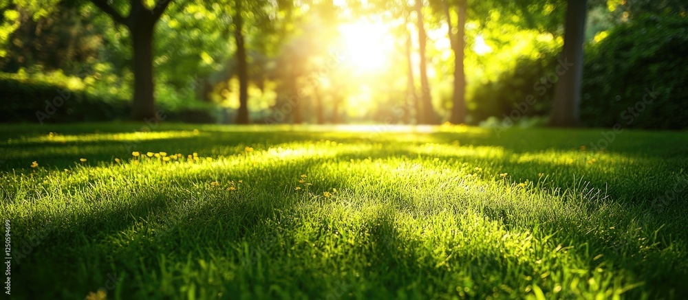 Poster lush green grass carpet in a serene forest setting illuminated by the warm glow of sunlight streamin