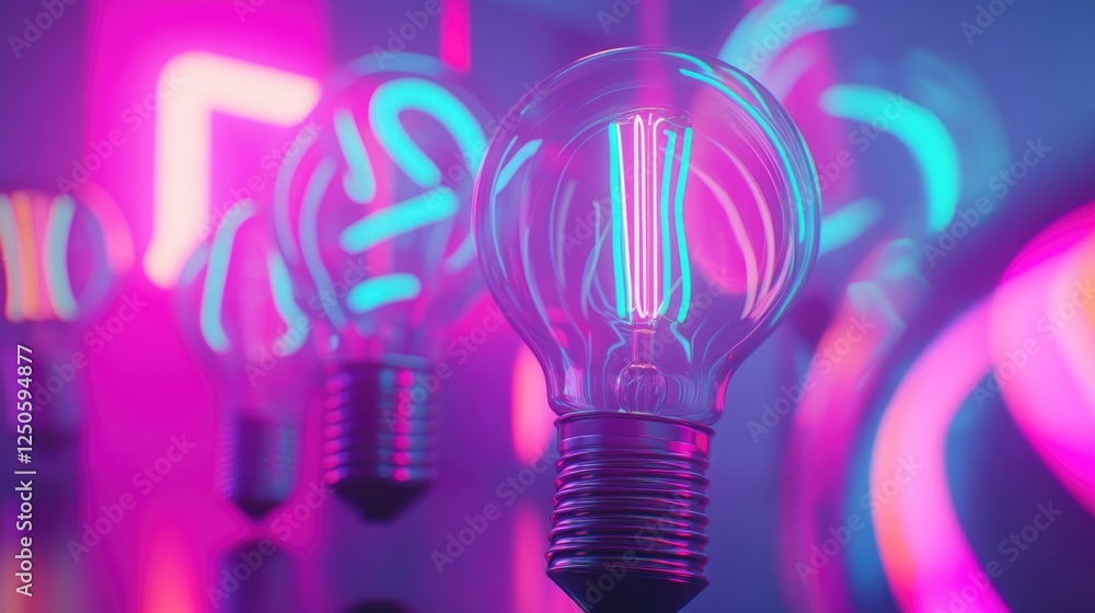 Poster vibrant neon light bulbs with glow effect in studio setting combining colorful illuminations and mod