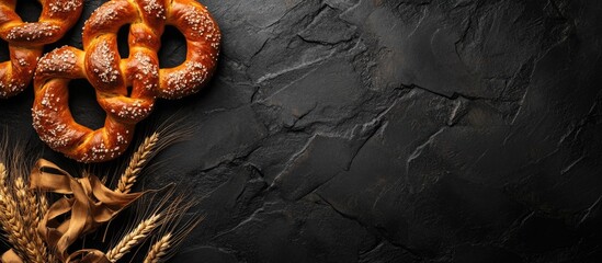 Oktoberfest themed pretzels with traditional ribbon and wheat ears on textured black stone surface flat lay composition