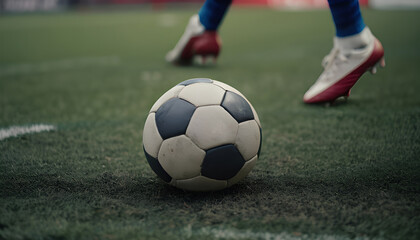 Fototapeta premium A Close-Up Shot of a White Football on a Grass Ground, Captured with an Isolated Background, Showcasing the Detail of the Ball in Sport Photography, Perfect for Representing Soccer and Athletic Gear.