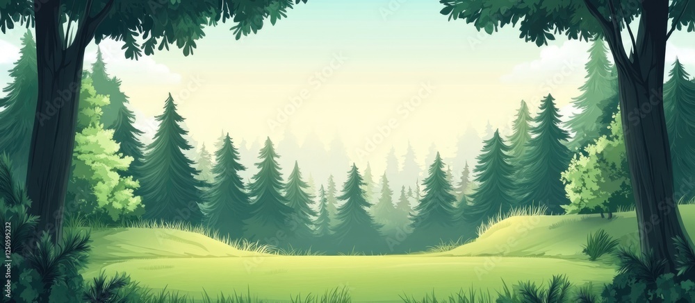 Poster serene natural forest landscape featuring lush green pine trees and ample empty space for text or gr