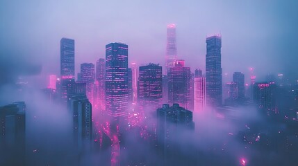 Fototapeta premium Cityscape, Foggy Dawn, Urban Glow, Atmospheric, Wallpaper