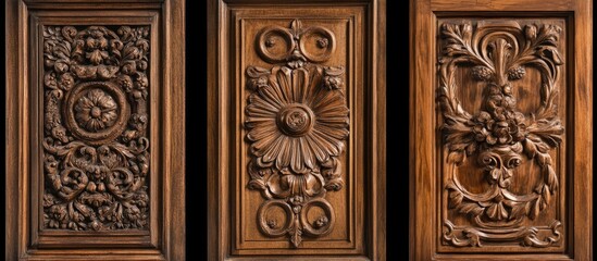 Antique wooden doors featuring intricate carved ornaments and detailed woodwork showcasing artistry and craftsmanship in historical design.