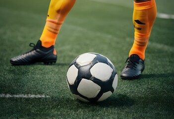 Obraz premium A Close-Up Shot of a White Football on a Grass Ground, Captured with an Isolated Background, Showcasing the Detail of the Ball in Sport Photography, Perfect for Representing Soccer and Athletic Gear.