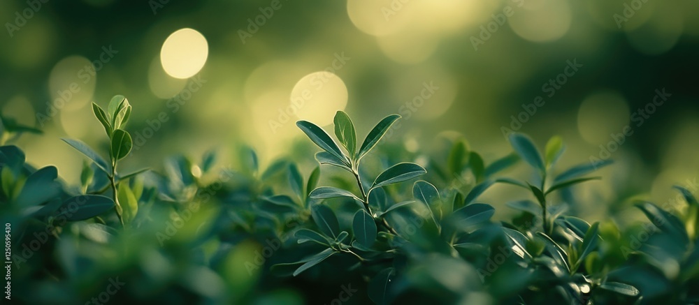 Poster lush green foliage with soft bokeh lights creating a serene and calming natural background effect fo