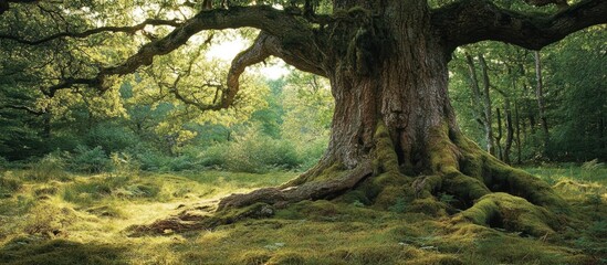 Majestic ancient tree with sprawling roots and lush green surroundings in a serene forest setting