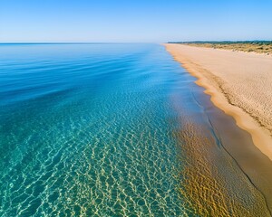 A top view of a clear beach with calm turquoise water, and smooth golden sand reaching the horizon