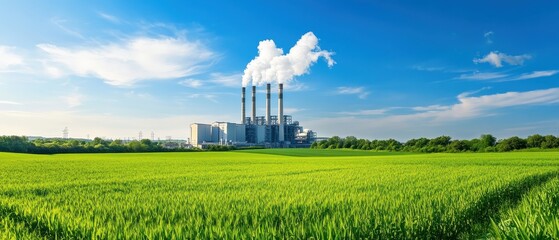 A power plant emits smoke against a clear blue sky, surrounded by lush green fields, highlighting the contrast between industry and nature.