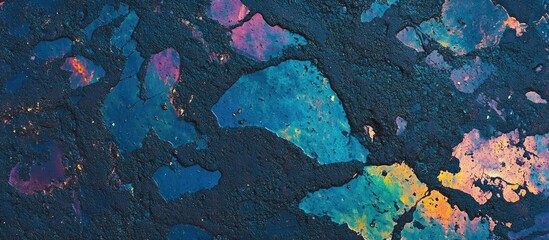 Naklejka premium Oil stain and gasoline fuel spots creating an abstract textured background on asphalt road surface in vibrant hues of blue and purple.
